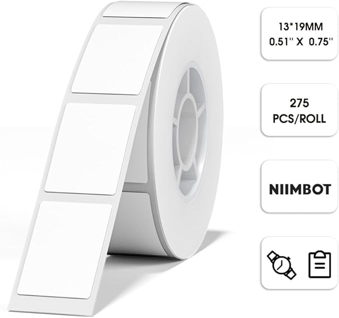 NIIMBOT D11 Label Maker Tape D110 Adapted Label Print Paper, Self-Adhesive Labeling Tape Replacement 13 X 19mm Thermal Label Tape for Home Office, 275 Labels/Roll, White