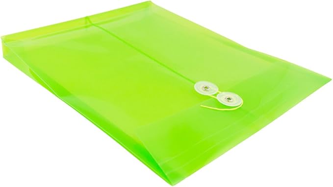 JAM PAPER Plastic Envelopes with Button & String Tie Closure - Letter Open End - 9 3/4 x 11 3/4 - Lime Green - 12/Pack