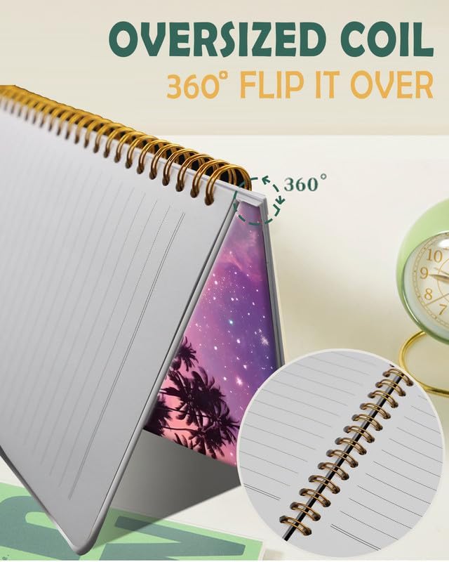Ruled Spiral Writing Notebook,A5 Hardcover Lined College Journal for Women Girl,Strong Twin-Wire Binding with Premium Paper,8.4" X 6",Perfect for School,Office(Palm Tree Tropical Night Beach)