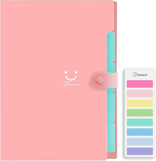 Forvencer Accordion File Organizer, Letter Size, 5 Pocket Expanding File Folder, Cute File Folder with Labels, Portable File Organizer for School Office Supplies, Folders for Documents, Pink