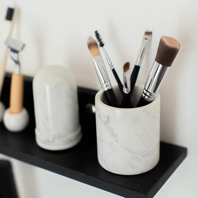 Natural Marble Pencil Pen Holder Stand for Desk, Makeup Brush Cup for Girls, Bathroom Tumbler Cup, Durable Office & Home Organizer Pencil Holder (White)