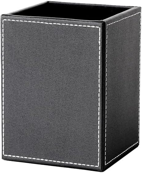 Square Pen Pencil Holder, PU Leather Pencil Cup, Desktop Stationery Organizer, Stand Desk Organizer, Office Accessories Container (Black)