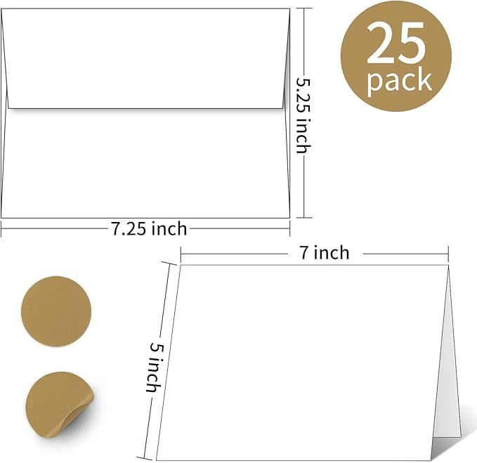 Blank Cards With Envelopes 5x7 - 25 Pack Cardstock and Envelopes, Blank Thank You Cards