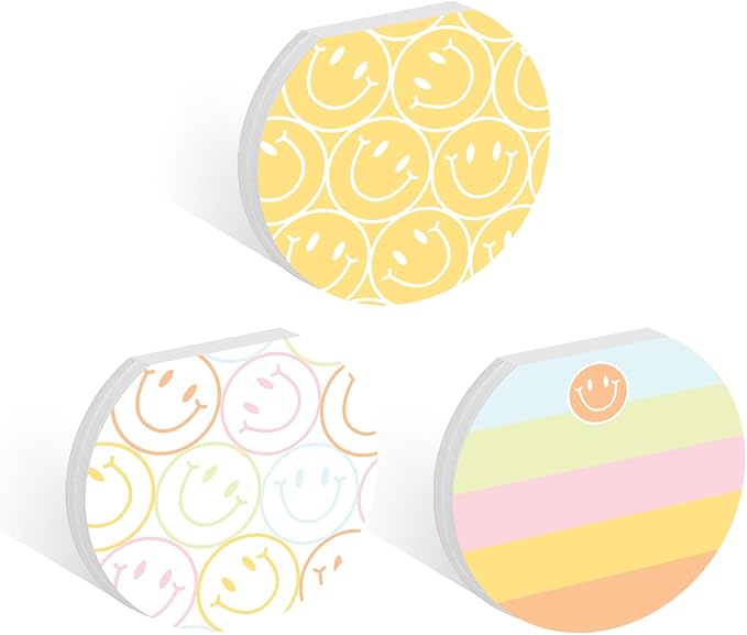 Gotcha Covered Notebooks Smiley Face Sticky Note Pad Assortment/Set Of 3 Round Flat Top Happy Note Pads / 3.5" Retro Rainbow Sticky Notes / 50 Sheets Per Pad/Made In USA
