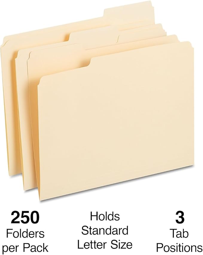 Staples File Folders, 1/3-Cut Reinforced Tab, Assorted Position, Letter Size, Perfect for Home, Office, Classroom, 250-Pack, Manila