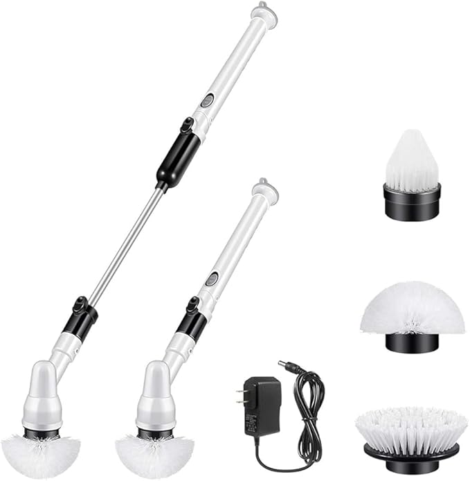Electric Spin Scrubber | Cordless Power Cleaning Brush | 3 Replaceable Heads, Adjustable Extension Handle | for Bathroom, Floor Tile, Car & Grout
