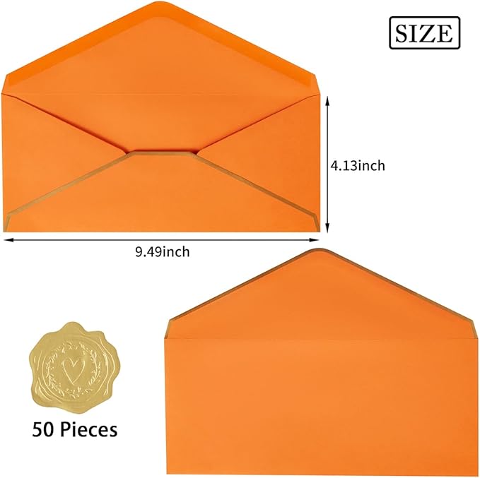 50 Pack #10 Business Envelopes with Gold Border, Self Seal Standard Envelopes with Gold Stickers for Office, Checks, Letter Mailing, Invoices, 4 1/8 x 9 1/2 Inches (Dark Orange)