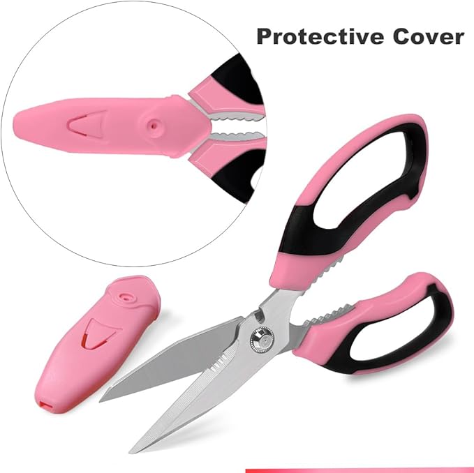 Heavy Duty 8'' Multipurpose Scissors with Protective Cover, Stainless Steel Serrated Blades, Easy Cutting Cardboard, Leather, Fabric, Wires (PINK)