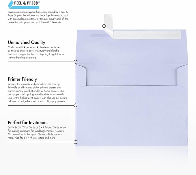LUXPaper A7 Invitation Envelopes | Peel & Press | 5 1/4" x 7 1/4" | Lilac Purple | 80lb. Text | 50 Qty.