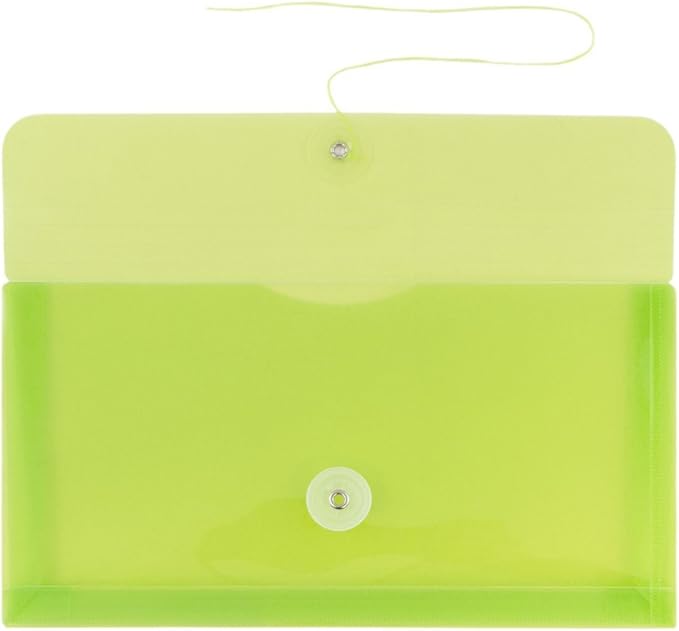 JAM PAPER Plastic Envelopes with Button & String Tie Closure - #10 Business Booklet - 5 1/4 x 10 - Lime Green - 12/Pack