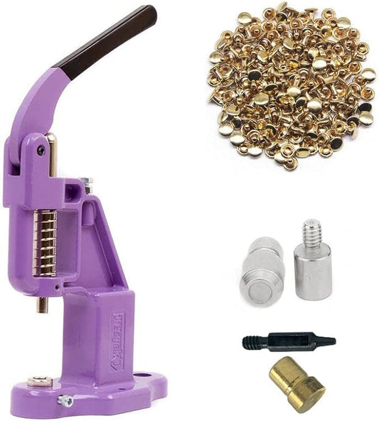 Hobby Trendy Hand Press with 1000 Sets of Iron 9mm Double Capped Rivets with Dies and Hole Punch(Lilac Press,Gold Rivets)
