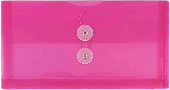 JAM PAPER Plastic Envelopes with Button & String Tie Closure - #10 Business Booklet - 5 1/4 x 10 - Fuchsia Pink - 12/Pack