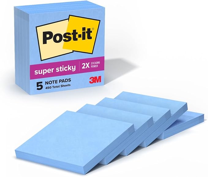 Post-it Super Sticky Notes, 5 Sticky Note Pads, 3 x 3 in., School Supplies, Office Products, Sticky Notes for Vertical Surfaces, Monitors, Walls and Windows, Washed Denim