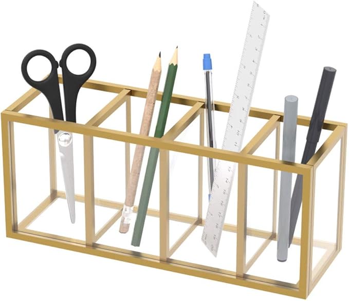 NIUBEE Acrylic Pen Holder 4 Compartments, Gold Copper Border Pencil Organizer Cup for Countertop Desk Accessory Storage