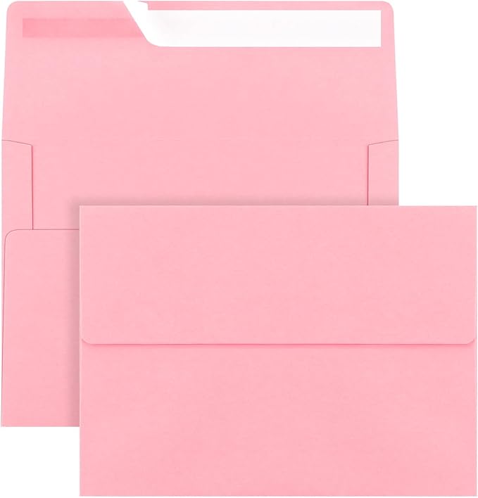 50 Pack 5x7 Envelopes, A7 Pink Envelopes Self Seal, Printable Envelopes for Invitation, Baby Shower, Birthday Party, Wedding, Postcards, Mailing, Greeting Cards