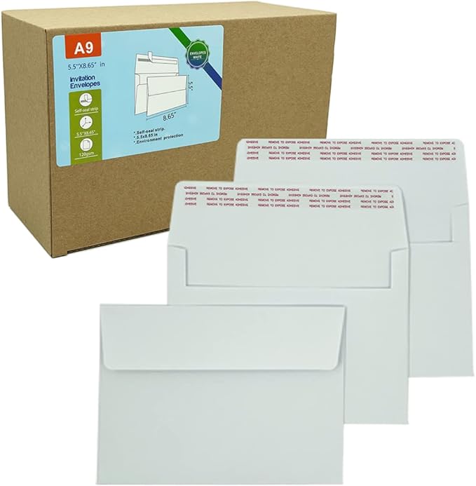 A9 Invitation envelopes（100 PCS 5.75x8.75 in ）- windowless design 120GSM white paper envelopes with printable quick self-seal for invitations, greeting cards, invoices