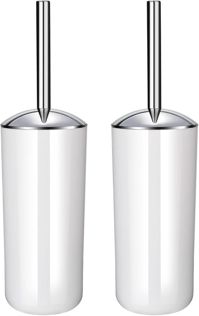 Toilet Brush and Holder Set of 2 | Great Value 2-Pack for Multiple Bathrooms | Sturdy Reinforced Handle for Durability | Discreet Enclosed Caddy | 360° Deep Cleaning Bristles | (White)