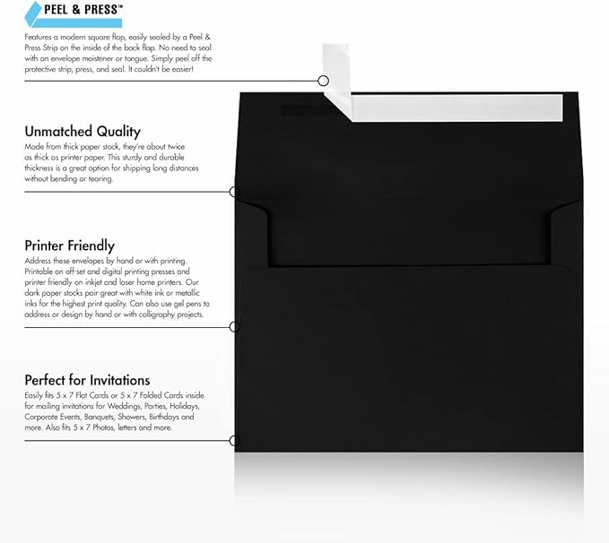 LUXPaper A7 Invitation Envelopes | Peel & Press | 5 1/4" x 7 1/4" | Midnight Black | 80lb. Text | 50 Qty