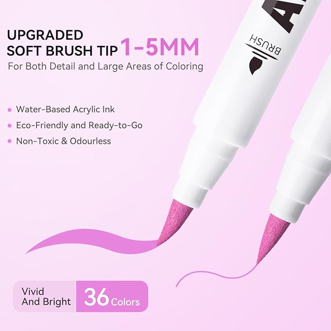 Arrtx Acrylic Paint Pens Basic Series 36D,Brush Tip Markers for Rock, Wood, Ceramic, Glass, Canvas, Metal, Plastic, Fabric, Stone & DIY Projects
