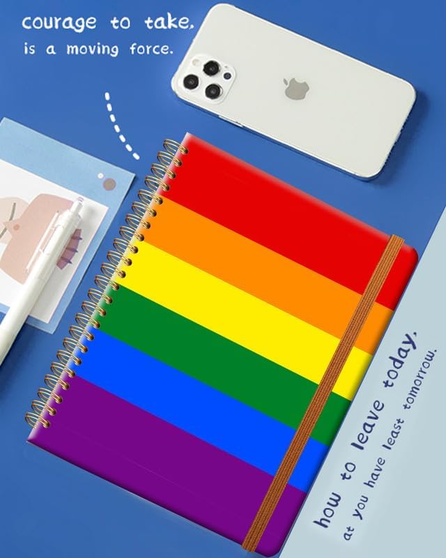 Ruled Spiral Writing Notebook,A5 Hardcover Lined College Journal for Women Lady Girl,Strong Twin-Wire Binding with Premium Paper,8.4" X 6",Perfect for School,Office,Home Gifts(Rainbow Pride Flag)