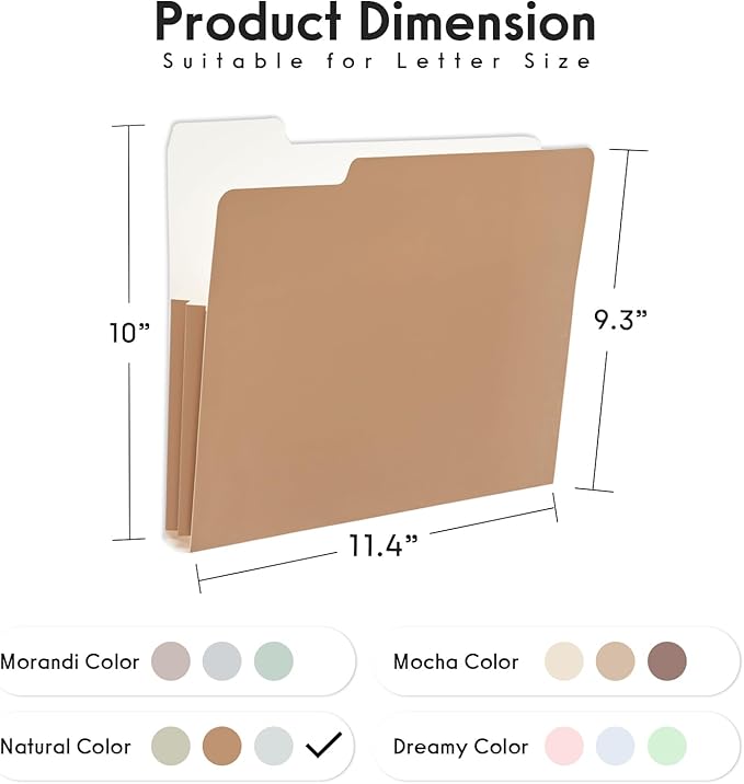 Y YOMA 6 Pack Extra Capacity File Folders Letter Size Accordion Decorative File Folder Cute Pretty Colored Filing Folder File Organizers for Office School Home Desktop with 1/3-Cut Tab, Natural Color