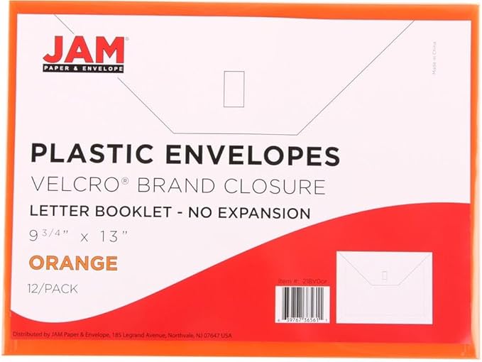JAM PAPER Plastic Envelopes with Hook & Loop Closure - Letter Booklet - 9 3/4 x 13 - Orange - 3/Pack