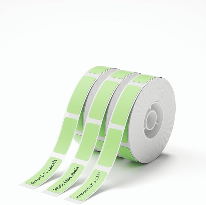 NIIMBOT D11 Label Maker Tape 3 Rolls Adhesive Green Label Paper 0.47" X 1.57" (12 X 40mm) 160 Labels/Roll, Compatible for NIIMBOT D11 D110 Label Printer, 3-Roll