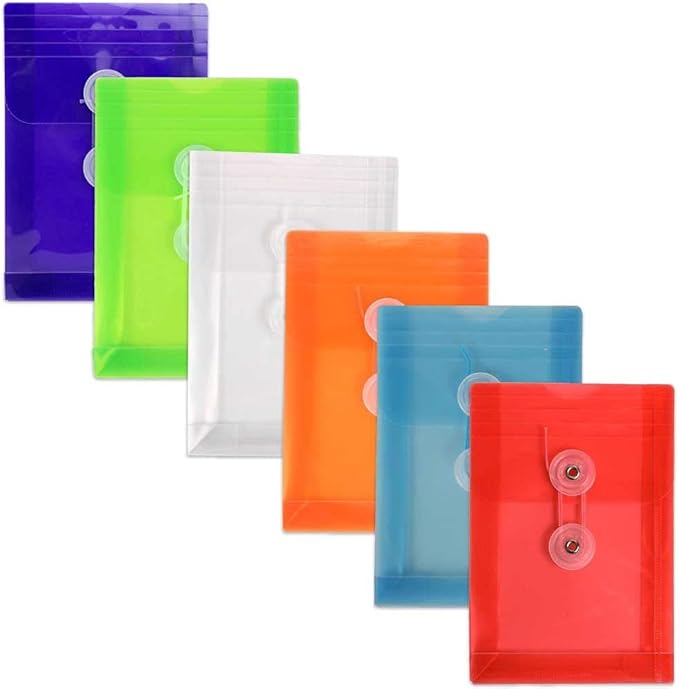 JAM PAPER Plastic Envelopes with Button & String Tie Closure - 4 1/4 x 6 1/4 - Assorted Colors - 6/Pack