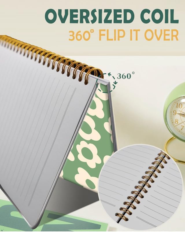 Ruled Spiral Writing Notebook,A5 Hardcover Lined College Journal for Women Lady Girl,Strong Twin-Wire Binding with Premium Paper,8.4" X 6",Perfect for School,Office,Home Gifts(Green Flowers)