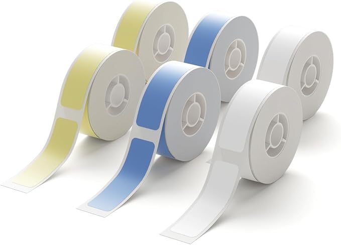 NIIMBOT D11 Label Maker Tape 6Rolls White Label Paper 0.47" X 1.57" (12 X 40mm) 160 Labels/Roll, Compatible for NIIMBOT D11 D110 Label Printer, White Blue Yellow, 6-Roll