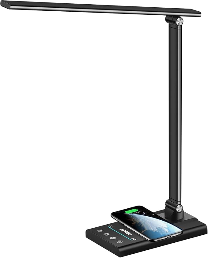 AFROG 5th Gen Multifunctional LED Desk Lamp with 10W Fast Wireless Charger, USB Charging Port,1800Lux Super Bright,5 Lighting Mode,7 Brightness, Touch Control, Auto Timer, 15W Office Table Lamp