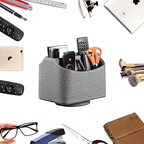 PU Leather Remote Control Holder,360 Degree Spinning Desk TV Remote Caddy,Desk Organizers and Accessories,for Controller,Media,Mail,Calculator,Mobile Phone,Pen Storage Holder (Gray Cloth)