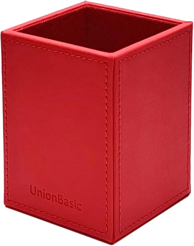 UnionBasic Square Pen Holder, Leather Pencil Cup, Desktop Caddy Stationery Organizer, Red