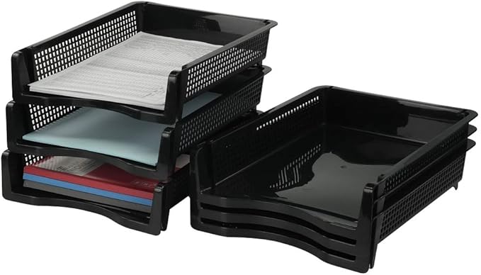 Stackable Paper Tray Set of 6, Black Plastic Letter Tray Basket