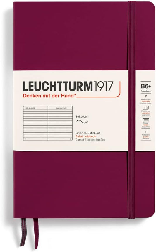 LEUCHTTURM1917 - Notebook Softcover Paperback B6+ - 123 Numbered Pages for Writing and Journaling (Ruled, Port Red)