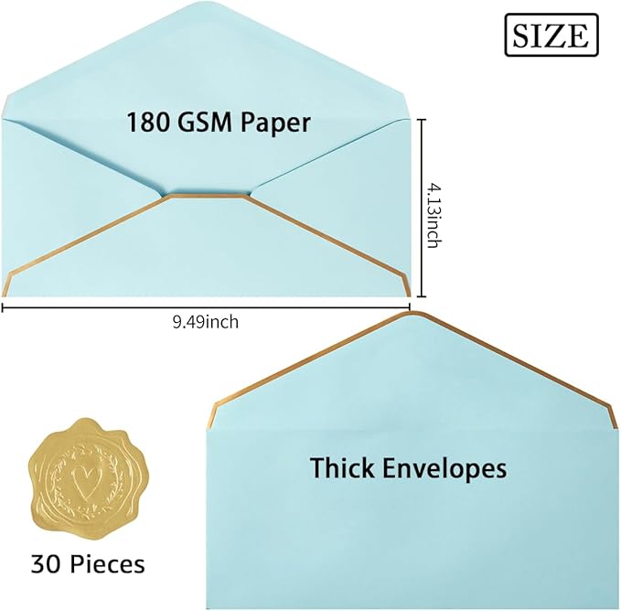 30 Pack Thick #10 Business Envelopes with Gold Border, 4 1/8 x 9 1/2 Thick Paper Standard Envelopes with Stickers for Office, Checks, Letter Mailing, Invoices (Light Blue)