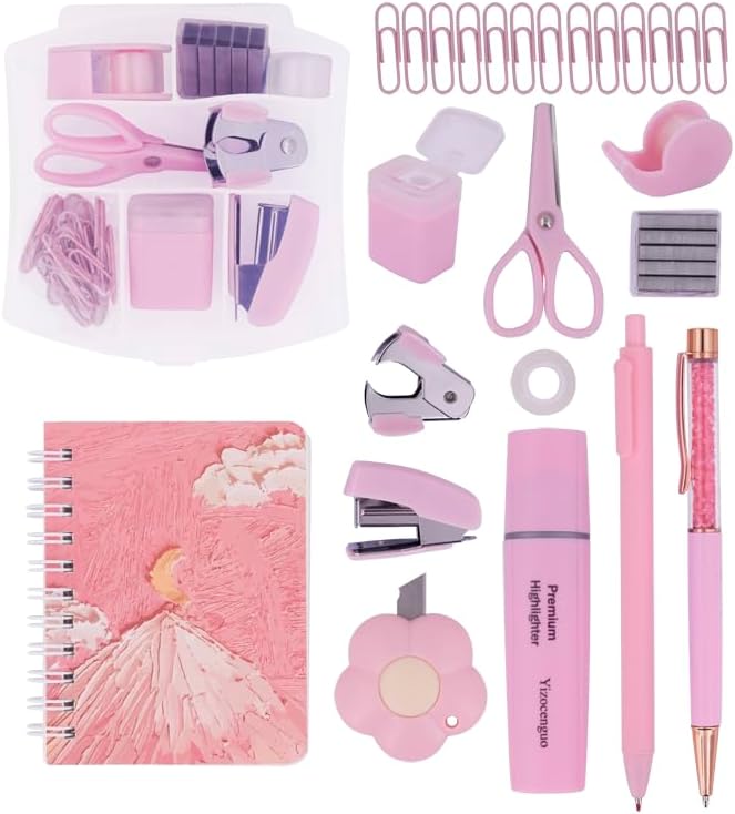 Mini Office Supply Kit Includes Stapler Tape Dispenser Staple Remover Paper Clips Scissor Notebook Highlighter Ballpoint Pen Small Telescopic for Office and School -Notebook Color Random(Pink Set)