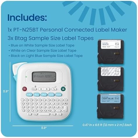 Brother P-Touch PT-N25BTV3 Personal Connected Label Maker, Bluetooth (Bundle), Design&Print2 app, Portable, Handheld, 3 Sample Label Tapes Included, Prints with P-Touch Btag½â€ (12mm) Wide Tapes