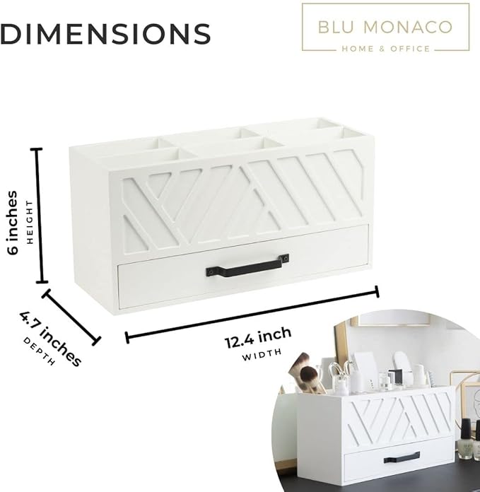 BLU MONACO Stylish White Wooden Pen Holder for Desk: Keep Pens, Markers, and More Organized. With 6 Storage Compartments and a Drawer. Pencil Holder, Marker Storage, and Desk Organizers