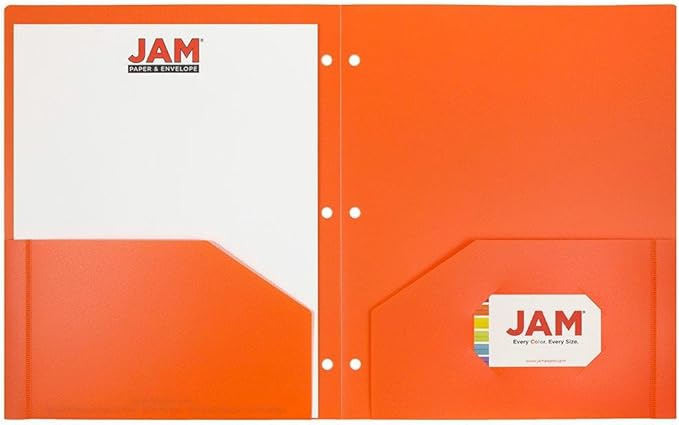 JAM PAPER Heavy Duty Plastic 3 Hole Punch Pocket Folders - Extra Tough School Folders - Orange - Bulk 48/Pack