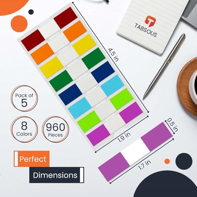 Tabsous 960 Sticky Tabs - Repositionable, Writable Index Tabs & Page Flags for Books, Files, and Notes - Transparent Colored Markers for Organizing, Highlighting, Classifying Documents (08 Colors)
