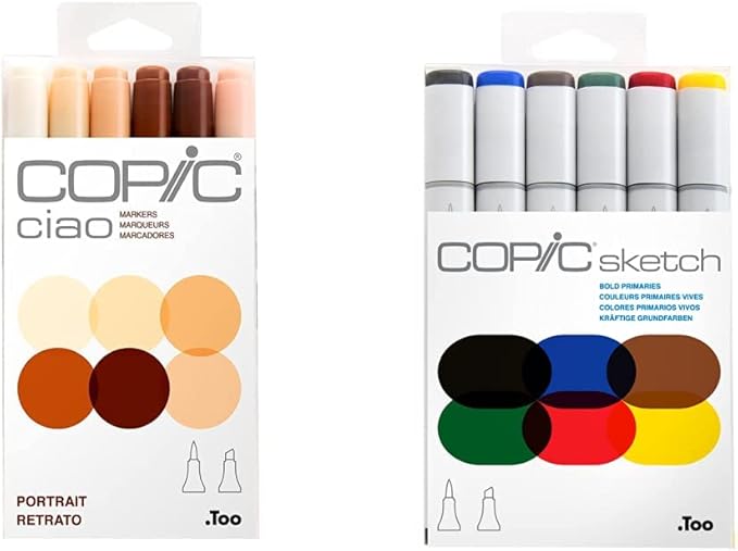 Copic I6-Skin Ciao Markers, Skin, Portrait, 6-Pack and Copic Sketch, Alcohol Markers, 6pc Set, Bold Primaries