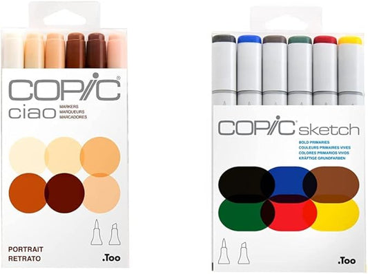 Copic I6-Skin Ciao Markers, Skin, Portrait, 6-Pack and Copic Sketch, Alcohol Markers, 6pc Set, Bold Primaries