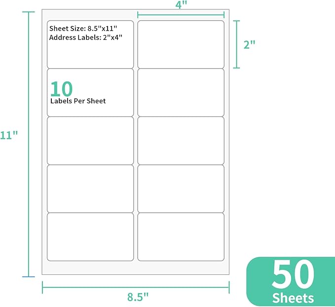 1000 Sheets 10 up Labels, 2" x 4" Shipping Paper for Laser/Inkjet Printer, Mailing Blank Labels, Self Adhesive Customized Stickers