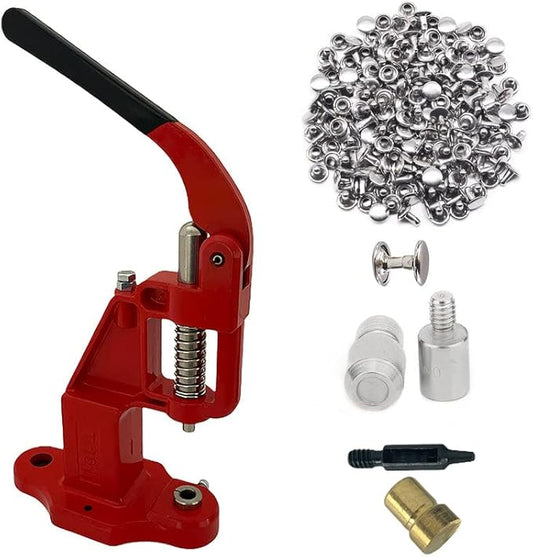 Hobby Trendy Hand Press with 1000 Sets of Iron 9mm Double Capped Rivets with Dies and Hole Punch(Red Press,Silver Rivets)