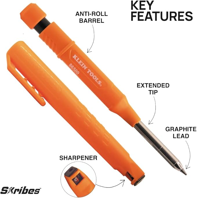 KLEIN TOOLS 80189 Skribes 2.8 mm Mechanical Carpenter Pencil with Built-In Sharpener and 10-Pack Assorted Color Leads, for Deep Hole Marking for Woodworking and Construction
