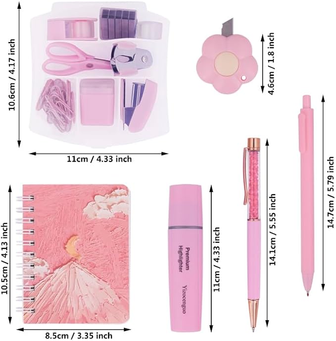 Mini Office Supply Kit Includes Stapler Tape Dispenser Staple Remover Paper Clips Scissor Notebook Highlighter Ballpoint Pen Small Telescopic for Office and School -Notebook Color Random(Pink Set)