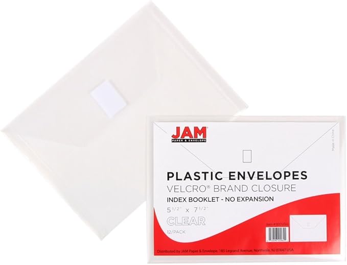 JAM PAPER Plastic Envelopes with Hook & Loop Closure - Index - 5 1/2 x 7 1/2 - Clear - 12/Pack