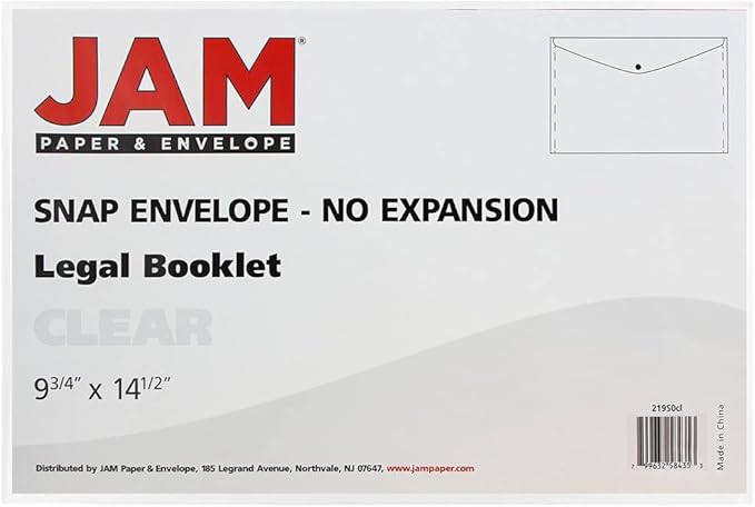 JAM PAPER Plastic Envelopes with Snap Closure - Legal Booklet - 9 3/4 x 14 1/2 - Clear - 12/Pack