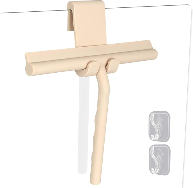 DEOFUXT Shower Squeegee for Glass Doors, Full Silicone Jacketed Squeegee with Ergonomic Handle & No-Drill Hook, Cleaning Tool for Windows, Mirrors, Tiles, Bathroom & Car - Beige